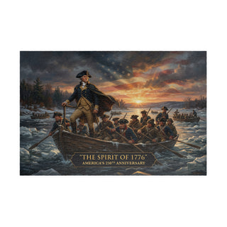 Painting of a historical scene with figures in a boat at sunset, labeled 'The Spirit of 1776'.