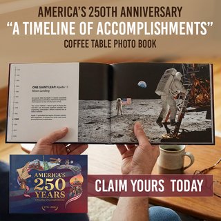 America's 250th Anniversary hardcover coffee table book open to a page about the Apollo 11 moon landing, featuring an astr...