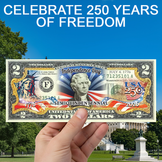 America's 250th Anniversary collectible $2 bill featuring Independence Day design and historical figures.