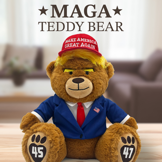Classic MAGA Bear in a blue suit, red tie, and red cap with "Make America Great Again" text, sitting on a table.