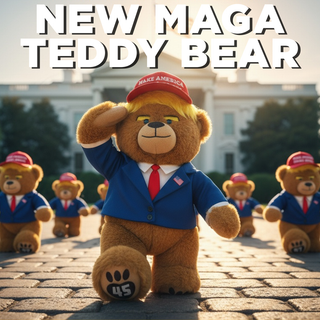 Classic MAGA Bear collectible wearing a blue suit and red cap, saluting with several similar bears in the background.
