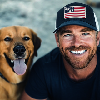 Navy blue cap featuring a flag design with "45" and "47" on the front, worn by a smiling man with a dog.