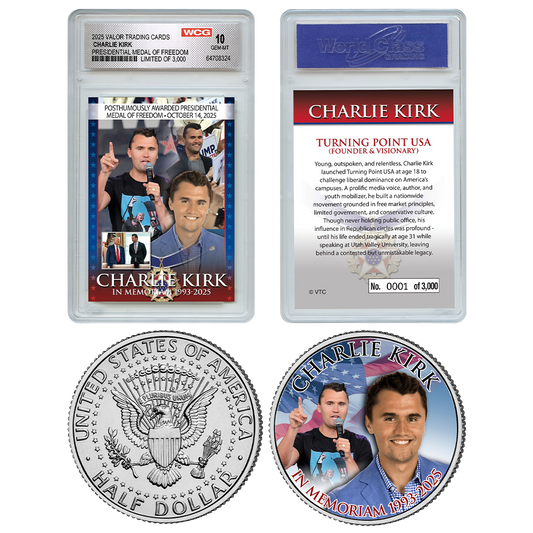 In Memoriam Medal Of Freedom Charlie Kirk Individually Numbered (to 3,000) Collectible Card + FREE MATCHING COIN!