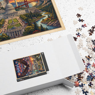 Puzzle with completed pieces and a box of 250-piece puzzle on a light surface.