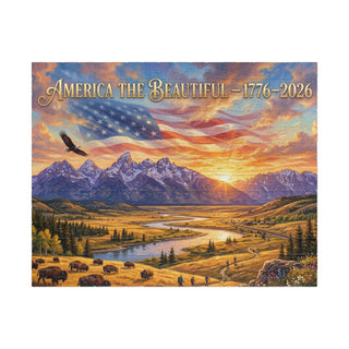 Calendar cover with a scenic landscape, mountains, river, and American flag, featuring 'America the Beautiful 1776-2026'.
