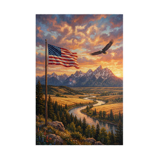American flag waving in a scenic landscape with mountains, river, and an eagle.
