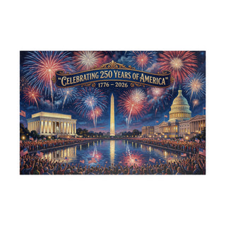 250 Years of America jigsaw puzzle featuring fireworks, Lincoln Memorial, Washington Monument, and Capitol Building.