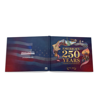 America's 250th Anniversary hardcover coffee table book open, featuring a colorful cover with historical imagery and text.