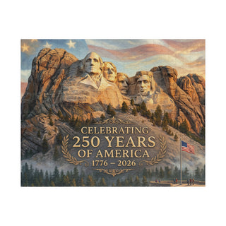 Mount Rushmore 250th Anniversary jigsaw puzzle featuring the monument and text celebrating 250 years of America.