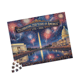 250 Years of America jigsaw puzzle featuring fireworks, the Lincoln Memorial, and the Washington Monument.