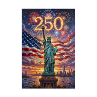 Statue of Liberty with '250' fireworks and American flag, celebrating a milestone.