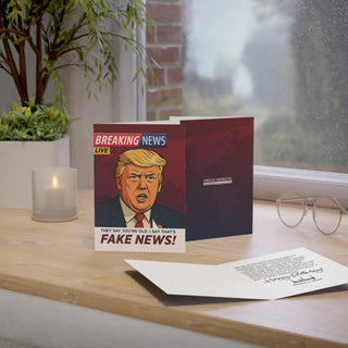 They Say You're Old, I Say That's Fake News birthday card featuring a cartoon of a man with blonde hair and a suit.