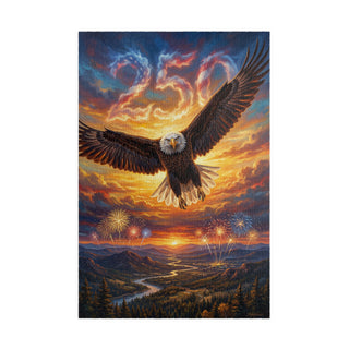 Eagle flying over a landscape with mountains and fireworks at sunset.