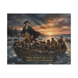 Painting of a historical scene with a man in a boat and American flag in the background, titled 'The Spirit of 1776'.