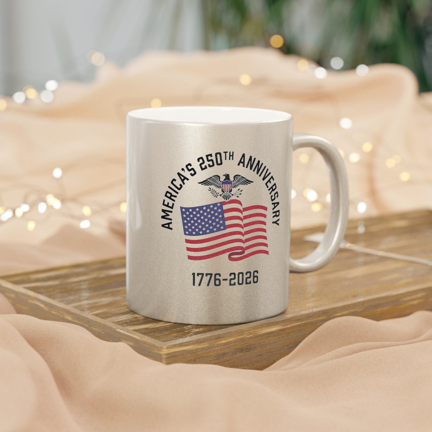 America's 250th Anniversary Metallic Mug — Silver Patriotic Coffee Cup (1776–2026)