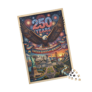 Puzzle box celebrating 250 years of the United States with an eagle, Statue of Liberty, and other landmarks.