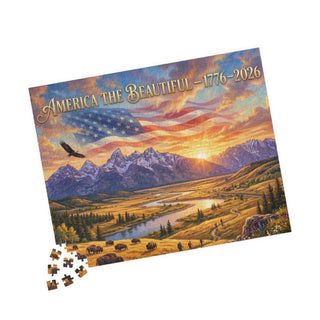 Jigsaw puzzle with a scenic design of mountains, river, and American flag, featuring 'America the Beautiful' text.