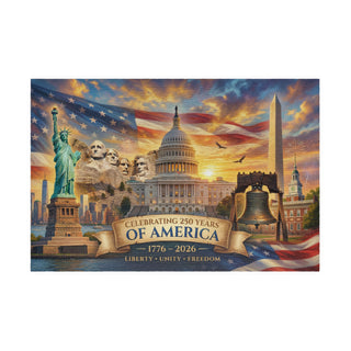 Collage of American landmarks with a sunset background, featuring the Statue of Liberty, Capitol building, and other symbols, celebrating 250 years of America.