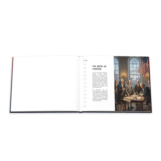 America's 250th Anniversary hardcover coffee table book open to a page with historical illustrations and text about 1776.