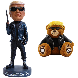 Trumpinator bobblehead in black jacket holding a gun, alongside a bear in a black jacket with blonde hair and 2024 logo.
