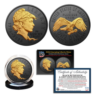 Liberty Dime 1776-2026 | Black Ruthenium Finish with 24K Gold Highlights – Semiquincentennial Dime Coin