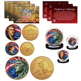 USA 250th Anniversary 3-Coin Patriotic Colorized 24KT Gold Plated Set — Half Dollar, Dime & Nickel