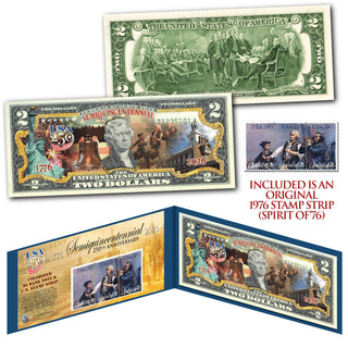 USA 250th Anniversary Spirit of 1776 Genuine Postal 3-Panel Stamp Strip-July 4th USA 250 $2 Bill
