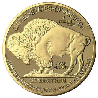 America's 250th Anniversary Buffalo Indian golden proof coin featuring a buffalo design and engraved text.