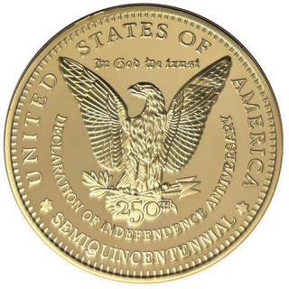 America's 250th Anniversary Morgan Dollar Golden Proof Coin featuring an eagle design and inscriptions in gold.