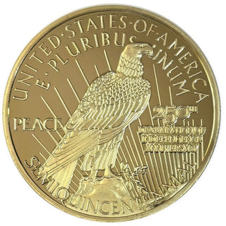 America's 250th Anniversary Peace Dollar golden proof coin featuring an eagle and inscriptions on a shiny surface.