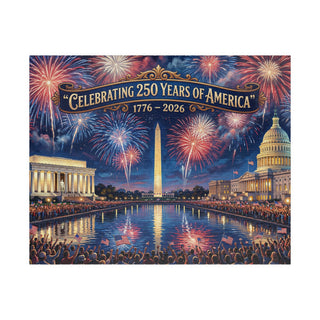 250 Years of America jigsaw puzzle featuring the Washington Monument, fireworks, and iconic landmarks in vibrant colors.