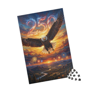 Jigsaw puzzle with an eagle and sunset design on a white background