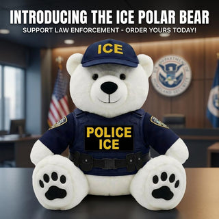 ICE Polar Bear collectible wearing a police uniform with a cap, sitting in an office setting with flags in the background.