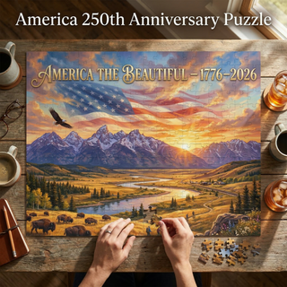 America 250th Anniversary Puzzle with scenic design on a wooden table.