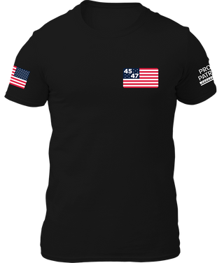 Black T-shirt featuring a small 45/47 flag design on the front and an American flag on the sleeve.