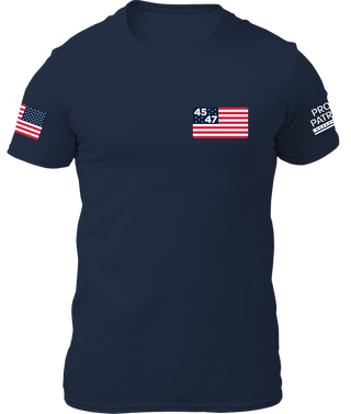 Navy blue t-shirt featuring a small 45/47 flag design on the chest and an American flag sleeve detail.