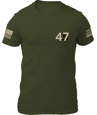 Military green T-shirt featuring the number 47 and a flag emblem on the sleeve.