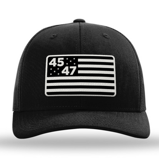 Black cap featuring a monochrome flag design with the numbers 45 and 47 on the front.