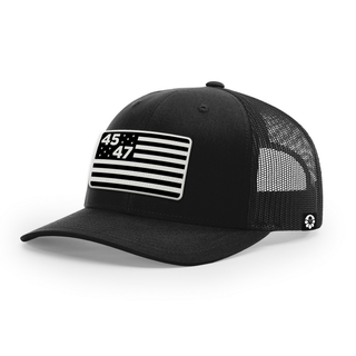 Black trucker hat featuring a monochrome flag design with "45" and "47" on the front panel.