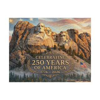 Mount Rushmore 250th anniversary jigsaw puzzle featuring the monument and text celebrating 250 years of America.