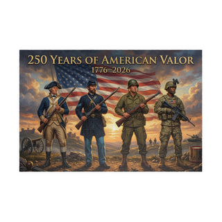 Four soldiers from different eras holding rifles with an American flag in the background, celebrating 250 years of American Valor.