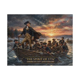 Painting of a historical scene with soldiers in boats and a prominent American flag, titled 'The Spirit of 1776'.
