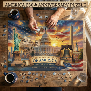 Puzzle with American landmarks on a wooden table, featuring text about America's 250th anniversary.