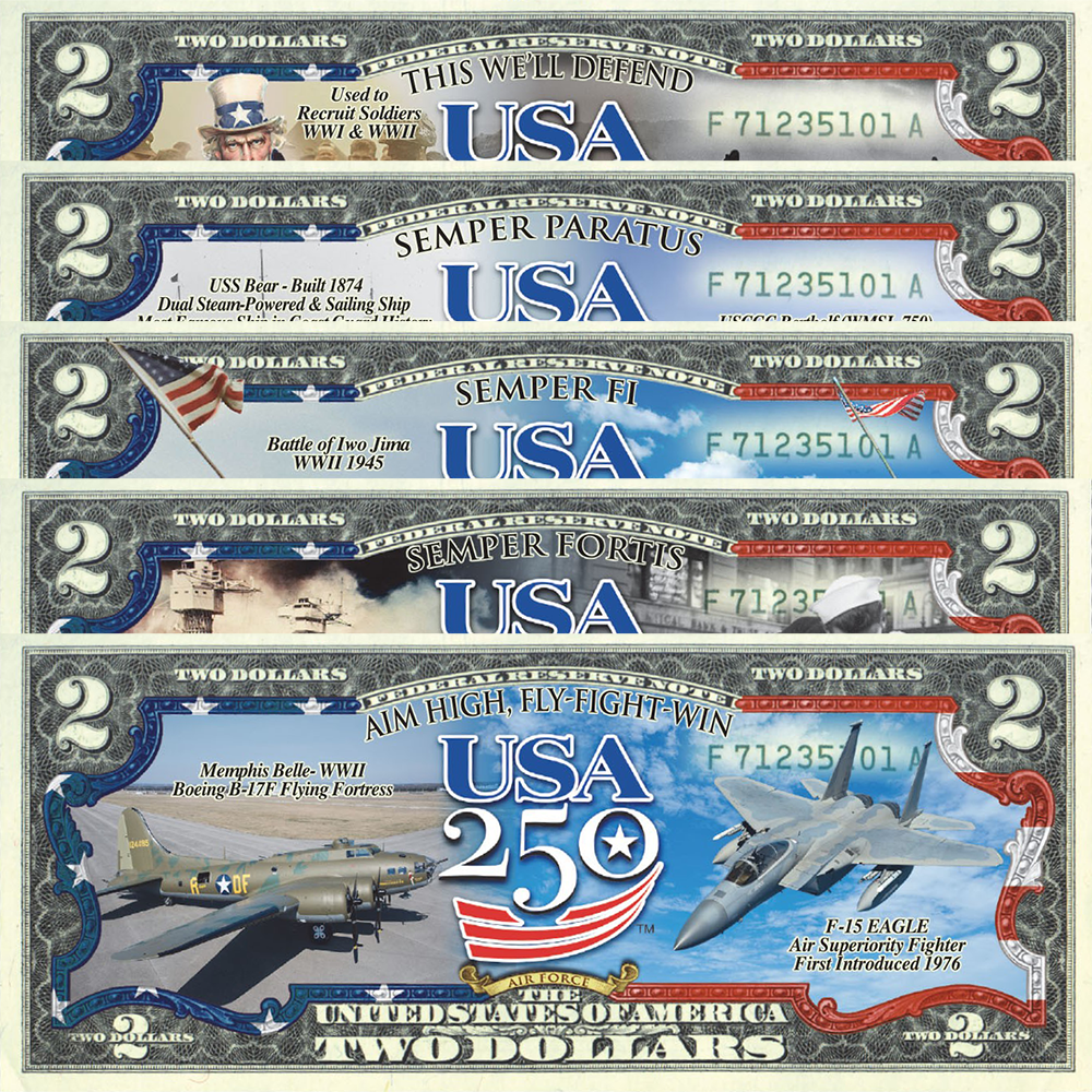 [FLAG BORDER] USA 250th Anniversary Military Collectible $2 Bill Bundle [SAVE 10%] (250 Available & Individually Numbered)