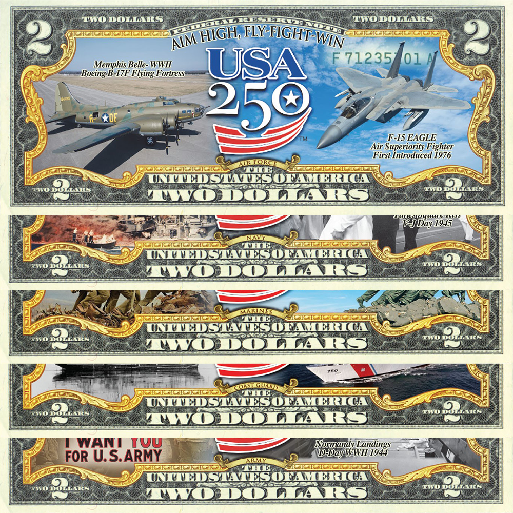 USA 250th Anniversary Military Bill Collectible $2 Bill Bundle [SAVE 10%]