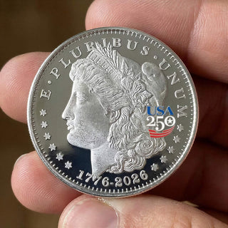 America's 250th Anniversary Morgan Dollar coin in nickel silver, featuring a profile of Liberty and commemorative text.