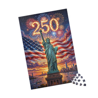 Jigsaw puzzle with Statue of Liberty and American flag design on packaging