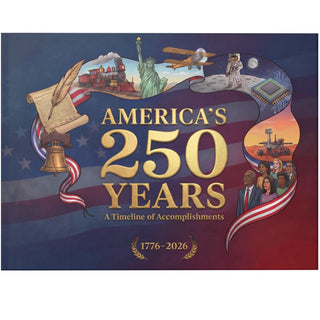 America's 250th Anniversary hardcover coffee table book featuring a colorful cover with historical icons and a timeline.