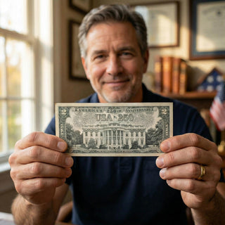 White House $2 bill held by a man, featuring 'USA 250' and detailed illustrations, in a cozy indoor setting.