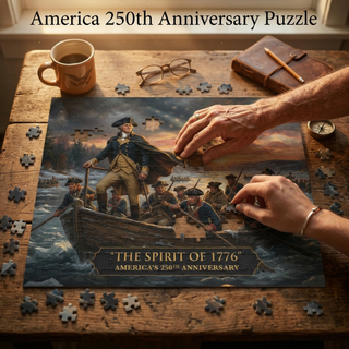 Person assembling a puzzle titled 'The Spirit of 1776' celebrating America's 250th anniversary on a wooden table.